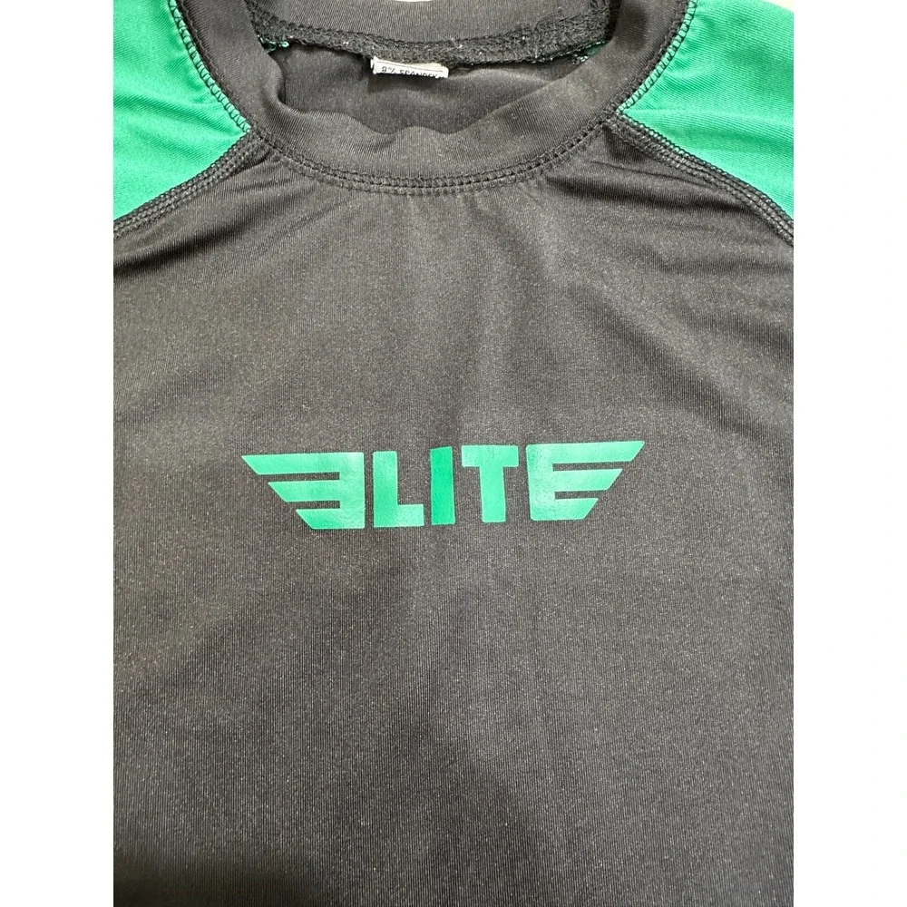 Elite Sports Kids'‎ Jiu Jitsu BJJ Rash Guard, Long Sleeve Green Black  EUC